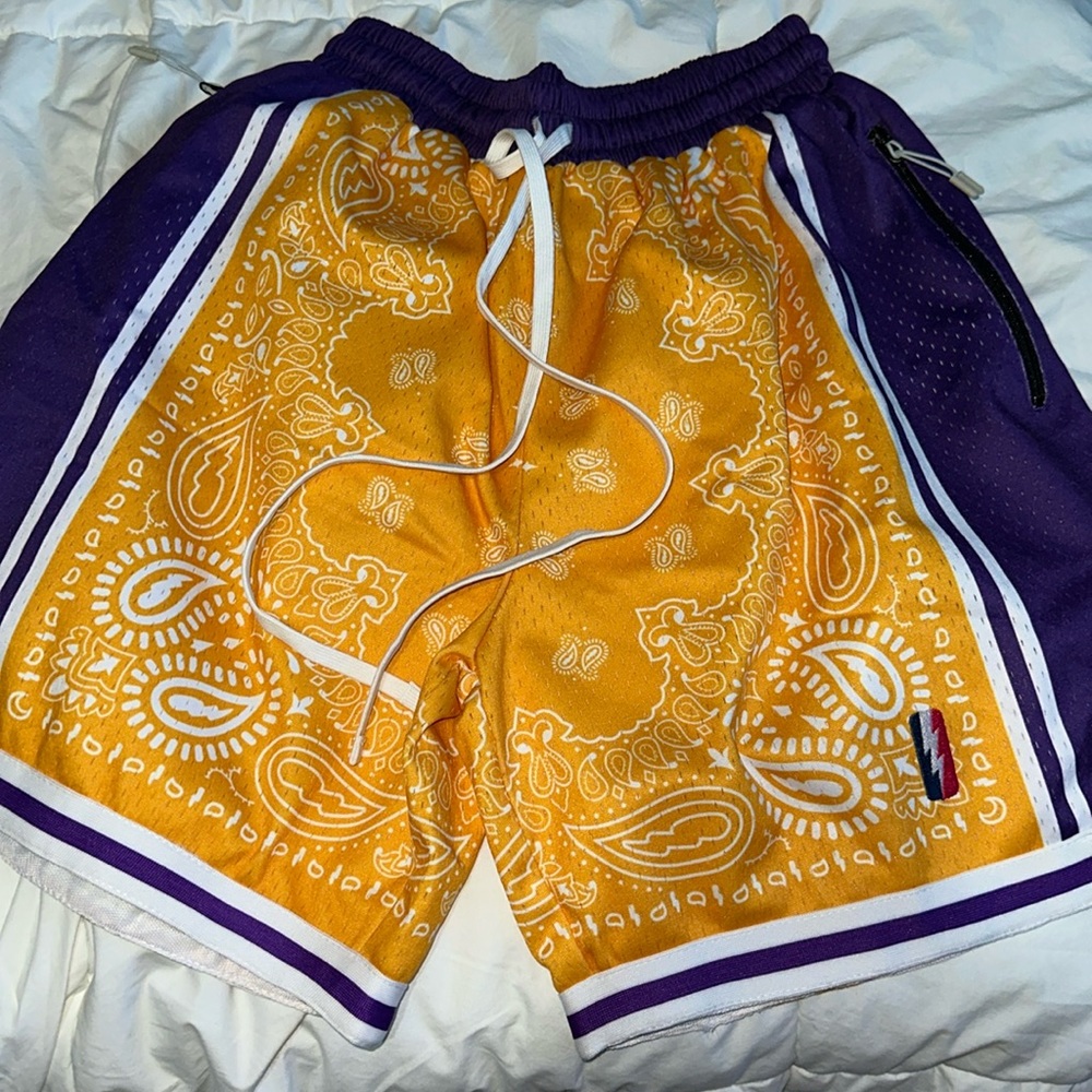 trillest purple and yellow hoop shorts